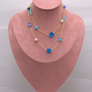 Candy Blu Mare_CCL0030010075 - Collana con perle e pietre colorate su catena dorata